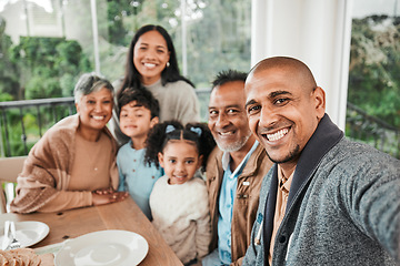 Image showing Family, portrait and smile for selfie at lunch, dinner or celebration together at home. Happy generations of kids, parents and grandparents in profile picture, quality time or reunion at dining table