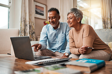 Image showing Mature couple, sofa and laptop for planning finance, retirement funding and investment or asset management at home. Elderly people or man and woman reading information on computer for pension savings