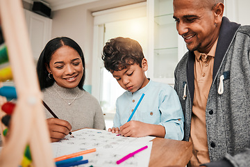 Image showing Teaching, math and parents help child with homework for homeschool lesson, project or academic assignment. Smile, remote and father or mother support kid with education, development and studying