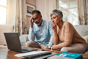 Image showing Senior couple, stress and laptop for financial debt, budget mistake and investment fail or asset management at home. Elderly people with depression, thinking or reading news or email on computer