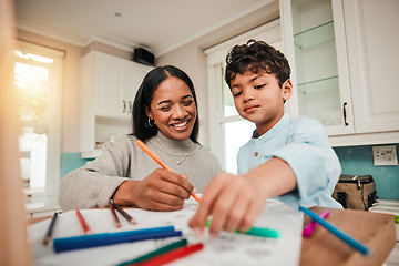 Image showing Learning, creative and mother help kid with art homework for homeschool lesson, project or assignment. Drawing, happy and parent or mom support child with education, development and studying