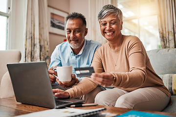 Image showing Senior couple, credit card and laptop for home online shopping, payment and fintech, savings or loan. Happy elderly woman and man with debit, banking investment and finance or e commerce on computer