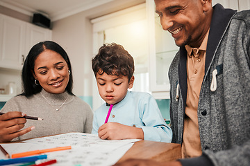 Image showing Learning, teaching and parents help child with homework for homeschool lesson, project or academic assignment. Smile, happy and father or mother support kid with education, development together