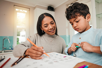 Image showing Signal parent, teaching and mother help child with homework for homeschool lesson, project or assignment. Writing, learning and mom support kid with education, development and studying together