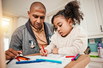 Image showing Education, math and father teaching kid creative homework, education and remote learning in a home kitchen together. Childcare, academic and dad or parent support kid, daughter or girl with coloring