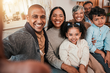 Image showing Selfie, generations and smile in portrait on couch, bonding with love and care at family home. Happy people in living room, grandparents and parents with children smile in picture with memory