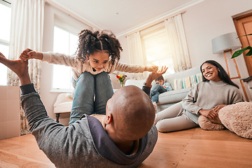 Image showing Happy, relax and airplane with family on floor of living room for funny, support and freedom. Smile, happiness and youth with father playing with child at home for care, trust and bonding together