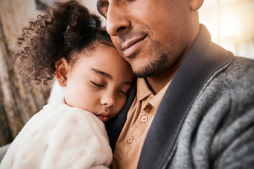 Image showing Father, girl and hug in home, sleeping and love, care and bonding together. Dad, child and embrace in living room for trust, support and family time to relax with tired kid and lens flare in house