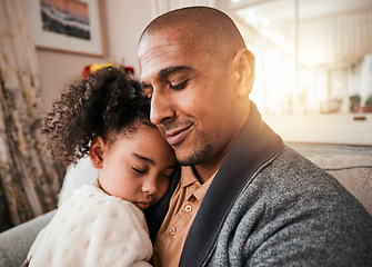 Image showing Father, girl and hug in home living room for love, care and bonding together. Dad, child and embrace in lounge for trust, support and family time to relax, tired kid sleep and happy with lens flare