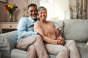 Image showing Senior couple, portrait and happy marriage on home sofa with care, happiness and love. Mature man and woman relax and laughing together on a couch with commitment, support and wellness in retirement