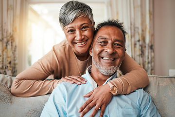 Image showing Mature couple, portrait and happy marriage on home sofa with care, happiness and love. Senior man and woman relax and laughing together on a couch with commitment, support and wellness in retirement