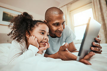 Image showing Father, girl and child with tablet in bedroom for online games, reading ebook story and watch multimedia. Man, dad and happy kid streaming cartoon, movies and digital technology in morning at home