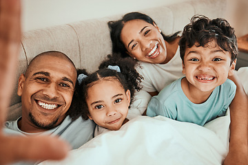 Image showing Happy, family and selfie in bedroom for social media, profile picture or relax with mom and dad in the morning, waking up and bed. Parents, kids and smile on face in memory, together or quality time