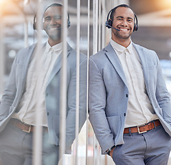 Image showing Call center, portrait and happy man with confidence in office for telemarketing, support or crm. Smile, contact us and customer service professional, sales agent or business consultant from Brazil.