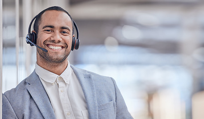 Image showing Call center, face and happy man in office for telemarketing, support or crm with mockup space. Portrait, contact us and customer service professional, sales agent or business consultant from Brazil