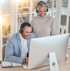 Image showing Training, happy man or senior manager in call center coaching telemarketing in customer services. Contact us, crm training or funny leader teaching an insurance agent on new job tasks on a computer