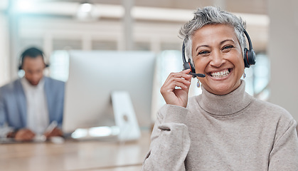 Image showing Call center, mature and face of woman with microphone in office for telemarketing, support or contact. Smile, portrait and customer service professional, sales manager or happy consultant listening