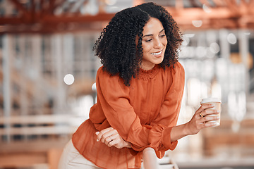 Image showing Coffee, thinking and a business woman at work with focus, positive mindset and smile at office. African female entrepreneur with cup to dream of opportunity, ideas and vision for career or company