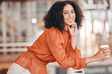 Image showing Business woman, happy portrait and coffee at work with pride, positive mindset and ambition. African female entrepreneur with cup at office for inspiration, break and confidence in corporate career