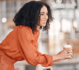 Image showing Thinking, business woman and coffee at work with focus, positive mindset and pride in office. Profile of happy african female entrepreneur with cup to dream of opportunity, idea and vision for career