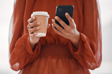 Image showing Woman hands, coffee cup and phone for social media planning, business marketing and e commerce communication. Startup, mobile chat and professional person typing a cafe review and online blog update