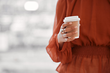 Image showing Business, woman hands or disposable coffee cup with mockup space in cafeteria of office. Closeup of worker with paper container for drinking takeaway espresso, cappuccino or latte beverage for energy