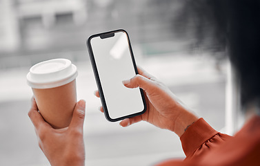 Image showing Woman hands, phone screen and coffee for social media, online planning and Web 3.0 ui or ux design space. Business person with creative blog, inspiration and contact or communication marketing