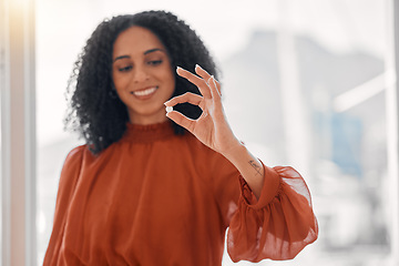 Image showing Woman, hands and tablet pill in office for healthcare, medical supplements and vitamins for wellness. Happy female worker show pharmaceutical drugs, medicine and treatment to help cure sick symptoms