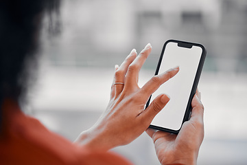 Image showing Woman hands, phone screen and space for social media, online scroll and Web 3.0 ui or ux design mockup. Business person FAQ, information and contact on mobile technology typing, search and marketing