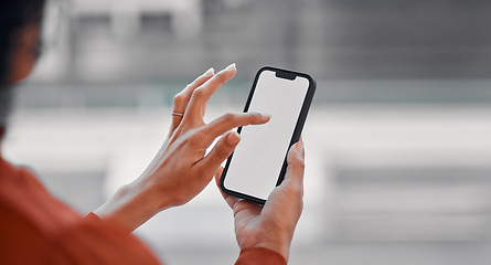 Image showing Woman hands, phone screen and mockup for social media, online scroll and Web 3.0 ui or ux design space. Business FAQ, information and contact on mobile technology for job search and career marketing