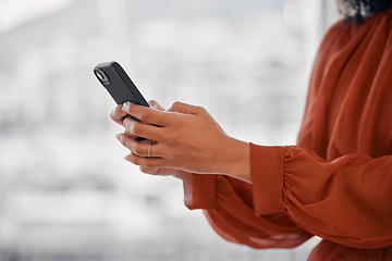 Image showing Closeup hand, phone and networking of a person for business, social media or online app on bokeh. Office, digital and an employee or worker with a mobile for a contact, web news or cellphone typing