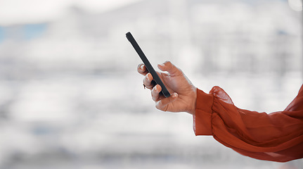 Image showing Closeup hand, phone and email of a person for business, social media or online app on bokeh. Office, mockup space and an employee or worker with a mobile for a contact, web news or cellphone typing