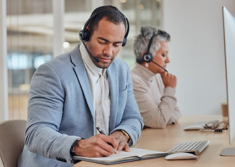 Image showing Call center, notebook or man writing in customer service help desk consulting for telemarketing in office. Businessman, notes or consultant planning a schedule or calendar reminder with headset