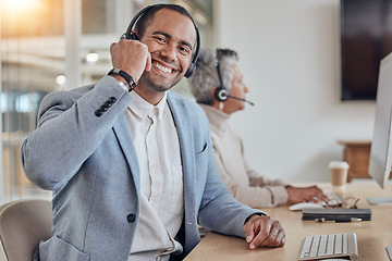 Image showing Smile, call centre and portrait of a man for customer service, crm or telemarketing. A happy man or consultant with a headset for networking, help desk advice or sales and technical support in office