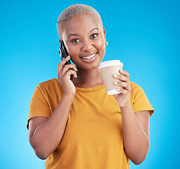 Image showing Coffee, portrait or black woman on a phone call in studio on blue background talking for communication. Tea, face smile or happy girl drinking, listening or calling to chat in conversation on mobile