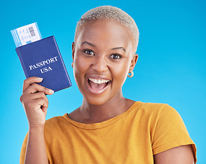 Image showing Black woman, happy with passport and plane ticket, excited about travel to USA in portrait on blue background. Adventure, boarding pass and documents for journey, female person with smile in studio