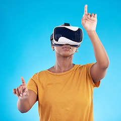 Image showing Black woman, press on screen with metaverse and virtual reality, future technology and 3D on blue background. User experience, VR goggles and female person, digital world and video game in studio
