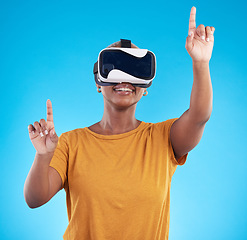 Image showing Black woman, metaverse and virtual reality, screen with future technology and 3D on blue background. User experience, VR goggles and female person press, digital world and gaming software in studio