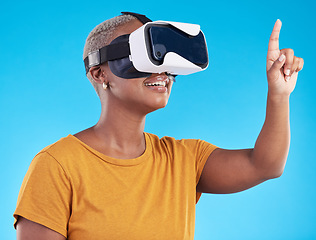 Image showing Black woman, metaverse and virtual reality, touch screen with future technology and 3D on blue background. User experience, VR goggles and female person, digital world and gaming software in studio