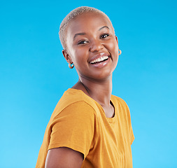 Image showing Portrait, fashion and funny black woman in studio isolated on a blue background. Face, happy and young African person, model or girl from Kenya laughing with style in casual clothes and tshirt mockup