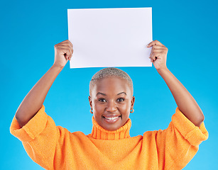 Image showing Black woman in portrait, poster and presentation advertising and announcement on blue background. Female ambassador, show sign and news broadcast, billboard and information card with mockup space