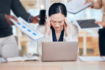 Image showing Business woman, stress and headache for chaos, demand or anxiety of challenge in office. Frustrated, fatigue and tired asian worker with burnout, deadline or migraine in crisis of bad time management