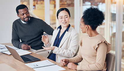 Image showing Teamwork, planning and laptop with business people in office for consulting, coaching and feedback. Mentor, learning and review with employees in meeting for brainstorming, technology and support