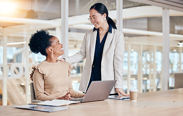 Image showing Business women, laptop and advice, support or teamwork, collaboration and planning in office for marketing company. Happy, diversity and professional people talking, employee management and coworking