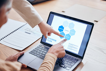 Image showing Hands, laptop and point at screen for business plan development, financial analysis or funding for startup. Entrepreneur, investment expert or mentor with advice, coaching and knowledge for company