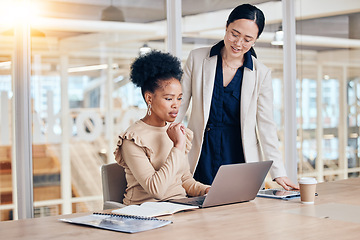 Image showing Teamwork, feedback and laptop with business people in office for consulting, coaching and planning. Mentor, learning and review with employees in meeting for brainstorming, technology and support