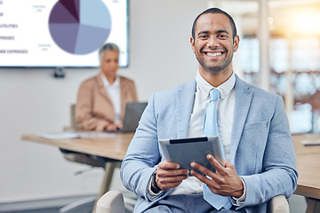 Image showing Business man, tablet and portrait with data analytics, stock market growth and investment, profit or revenue. Corporate person on digital technology trading, finance meeting and pie chart statistics