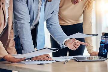 Image showing Business people, hands and documents for planning, teamwork and collaboration in data analytics and stock market. Financial research, portfolio analysis and professional woman with manager on laptop