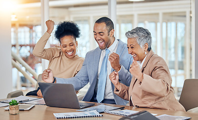 Image showing Celebrate, success and business people on laptop in office for online bonus, winning and achievement. Corporate, teamwork and excited man and women on computer for meeting, promotion and victory