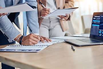 Image showing Hands, documents and laptop with chart for group, crypto and investment with analysis in office. Business people, computer and graph in trading, signature or stock market with paperwork for agreement